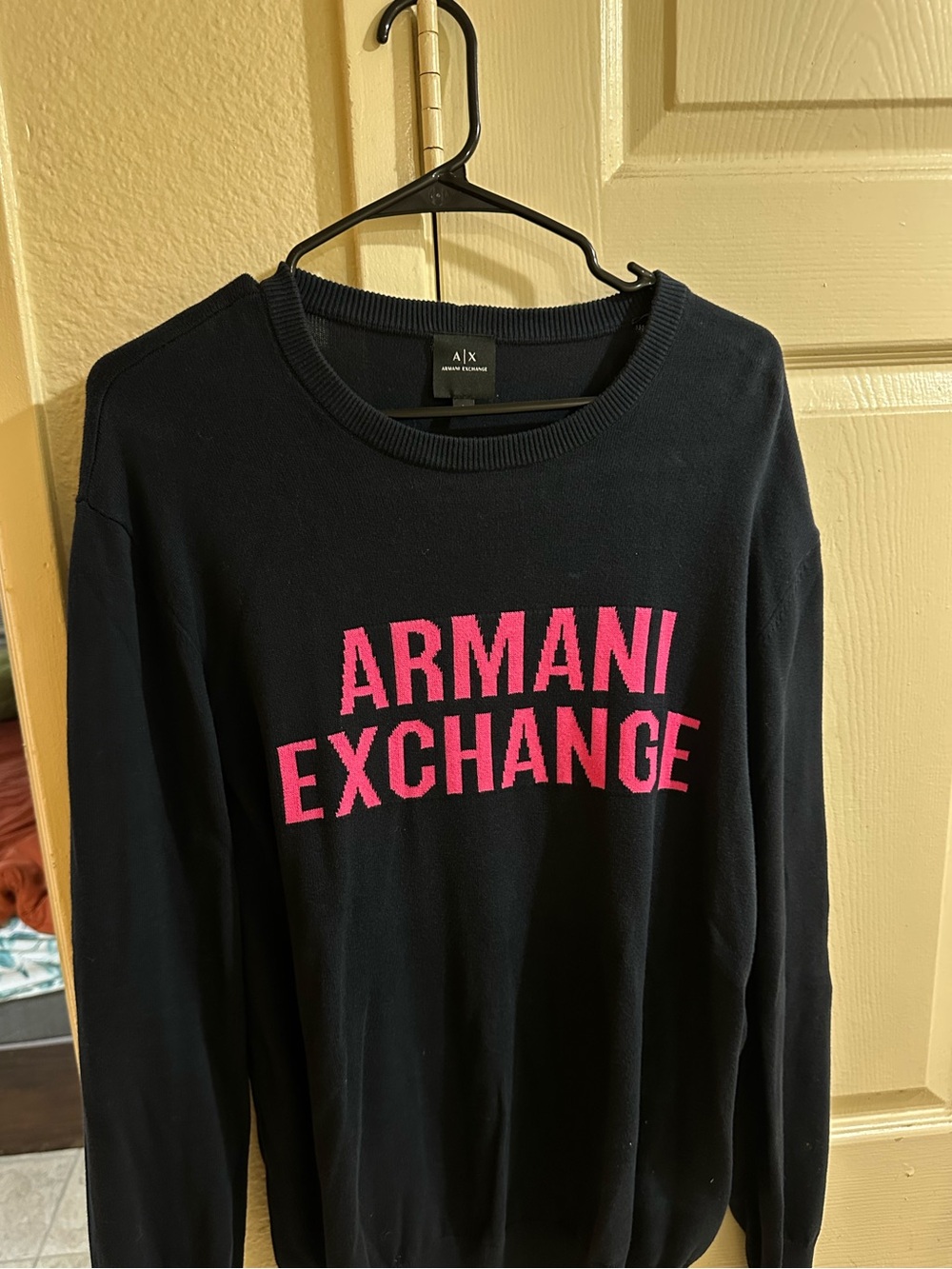 Armani Exchange Black Crewneck Sweater with Hot Pink Logo